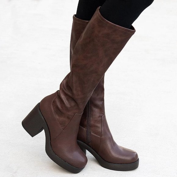 NEW🔥 Brown Stretch Knee High Boots Chunky Block Heel Platform w/Zipper - Picture 2 of 4